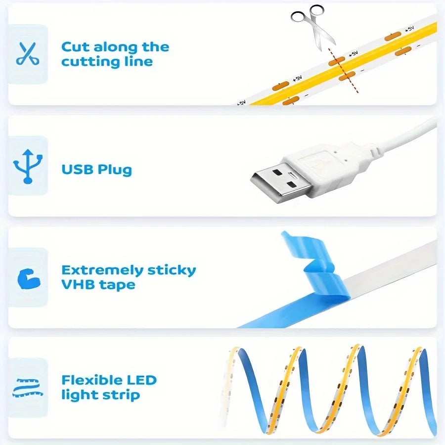 COB USB LED Light Strip with Touch Dimmer – Flexible Glow