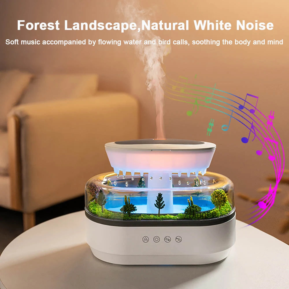 Raindrop Aroma Diffuser Humidifier with Colorful Light, White Noise & Ultrasonic Mist for Home Relaxation