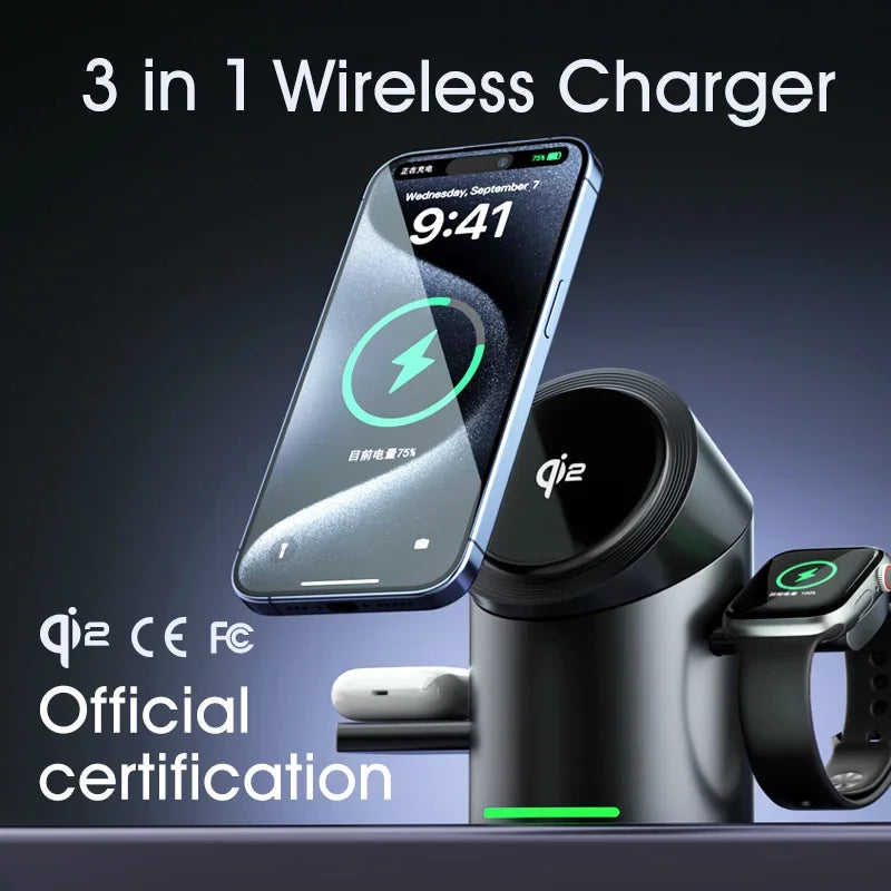 3-in-1 Magnetic Wireless Charging Dock – Fast Charge for iPhone, Android, Apple Watch & AirPods