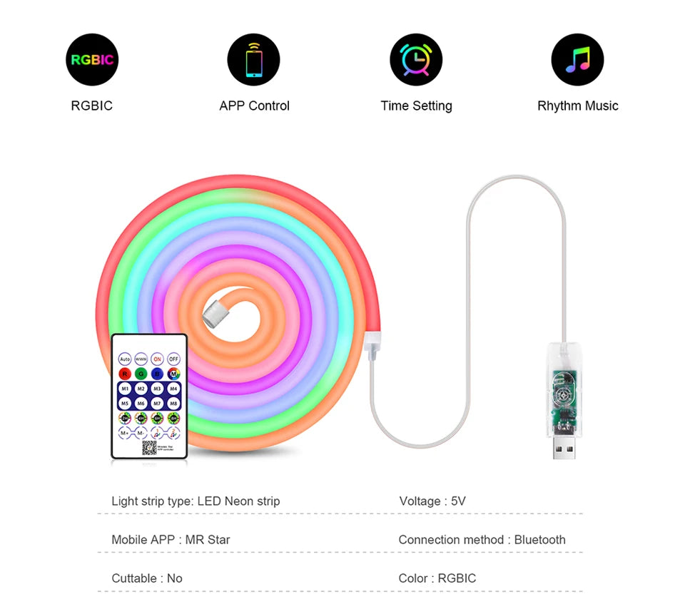 RGBIC Neon USB LED Strip Light – Multi-Color Glow with App + Remote