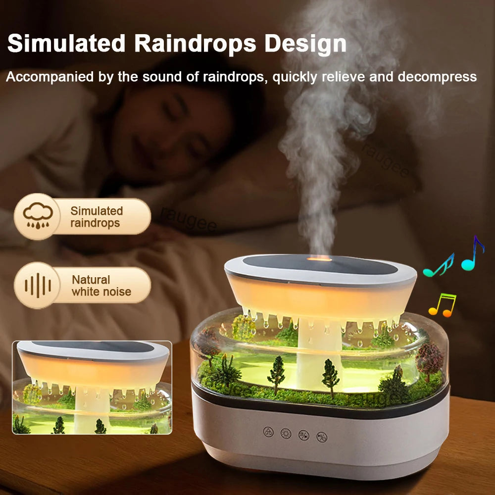 Raindrop Aroma Diffuser Humidifier with Colorful Light, White Noise & Ultrasonic Mist for Home Relaxation