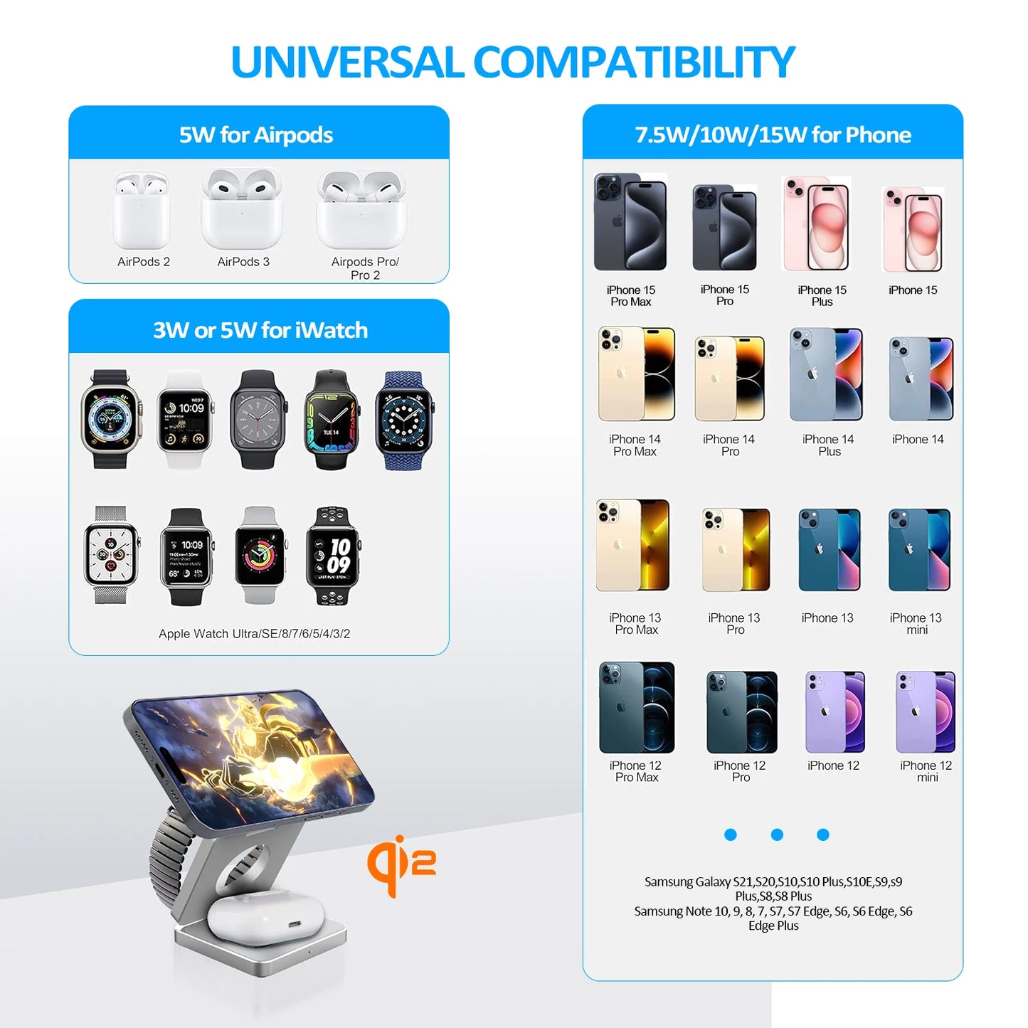 3-in-1 Magnetic Foldable Wireless Charger – 15W Fast Charge for iPhone, Watch & AirPods