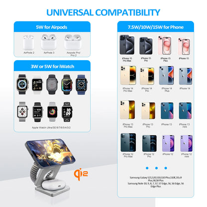 3-in-1 Magnetic Foldable Wireless Charger – 15W Fast Charge for iPhone, Watch & AirPods