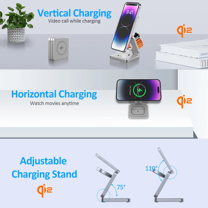 3-in-1 Magnetic Foldable Wireless Charger – 15W Fast Charge for iPhone, Watch & AirPods