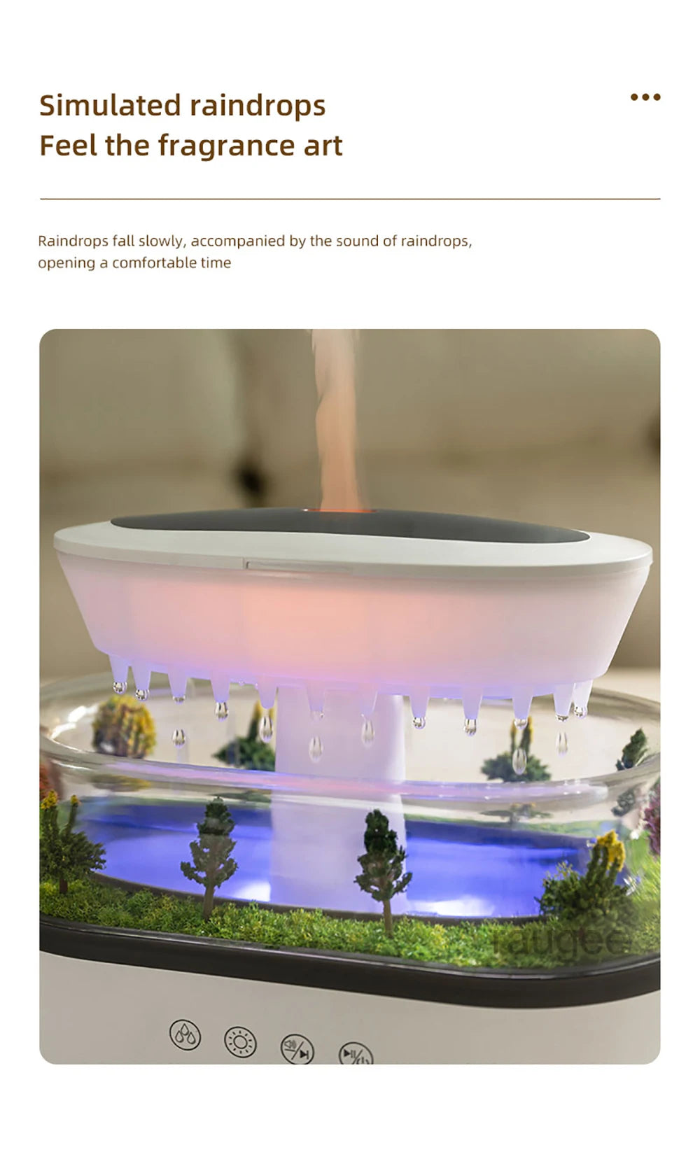 Raindrop Aroma Diffuser Humidifier with Colorful Light, White Noise & Ultrasonic Mist for Home Relaxation
