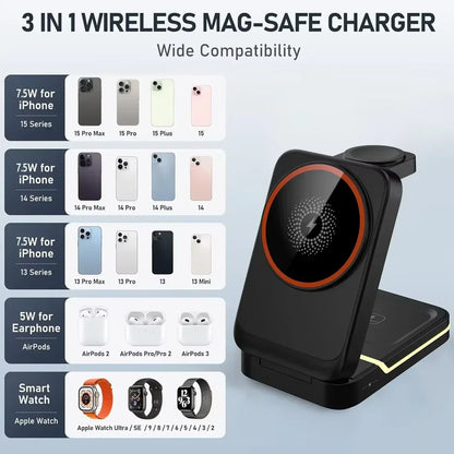 3-in-1 Magnetic Foldable Wireless Charger – Fast Charging for iPhone, Watch & AirPods