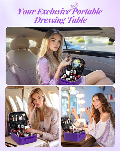 Lighted Travel Makeup Bag with Mirror & Brush Organizer