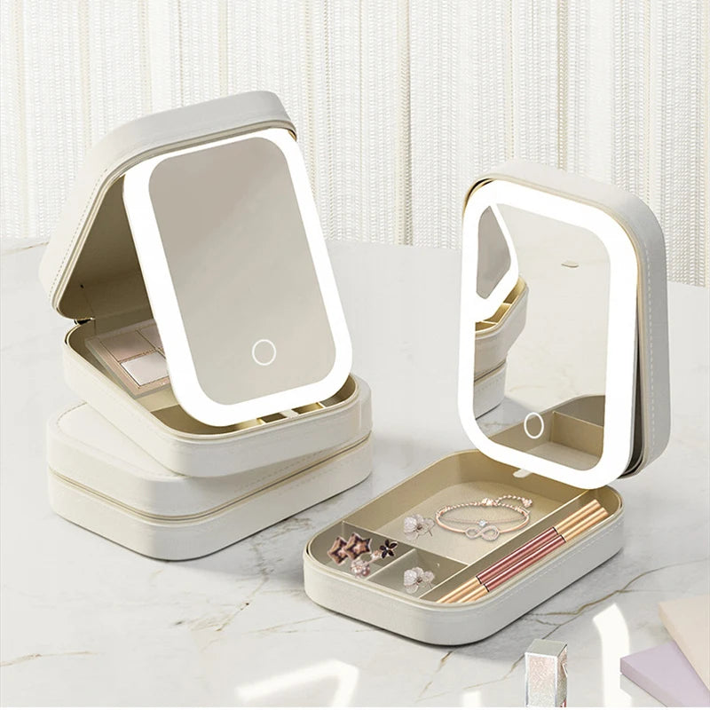 LED Mirror Travel Makeup Box with Large Storage & PU Waterproof Finish