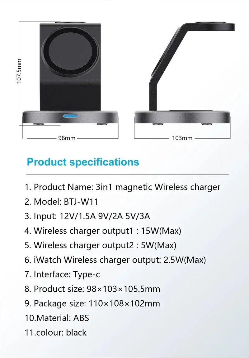 3-in-1 Magnetic Wireless Charger Dock for iPhone, Apple Watch & AirPods