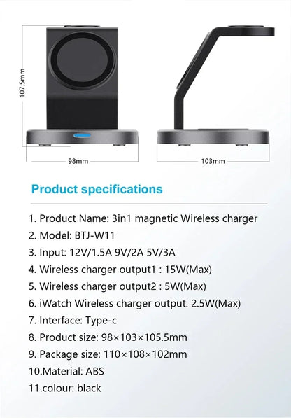 3-in-1 Magnetic Wireless Charger Dock for iPhone, Apple Watch & AirPods