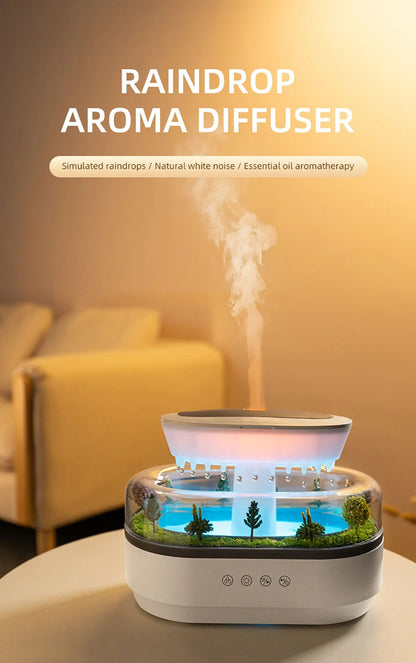 Raindrop Aroma Diffuser Humidifier with Colorful Light, White Noise & Ultrasonic Mist for Home Relaxation