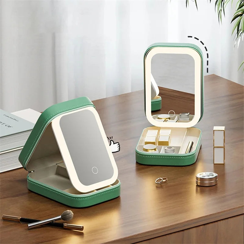 LED Mirror Travel Makeup Box with Large Storage & PU Waterproof Finish