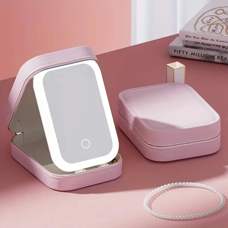 LED Mirror Travel Makeup Box with Large Storage & PU Waterproof Finish