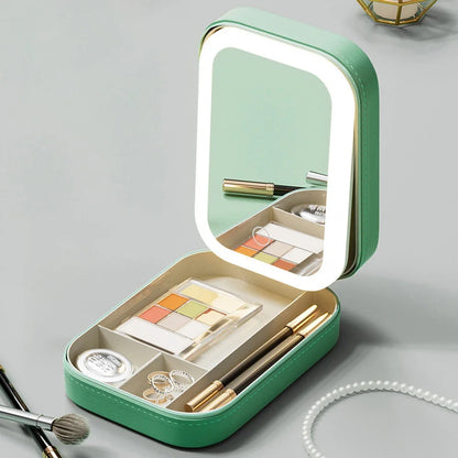 LED Mirror Travel Makeup Box with Large Storage & PU Waterproof Finish