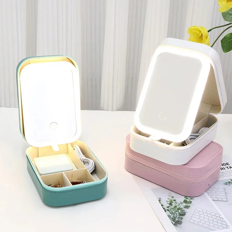 LED Mirror Travel Makeup Box with Large Storage & PU Waterproof Finish