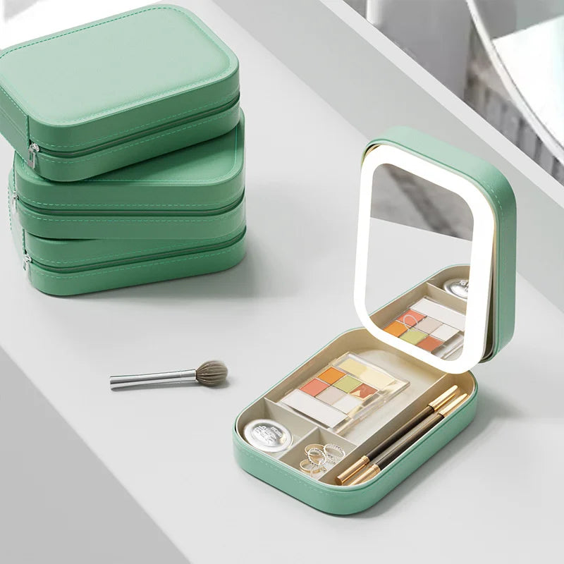 LED Mirror Travel Makeup Box with Large Storage & PU Waterproof Finish