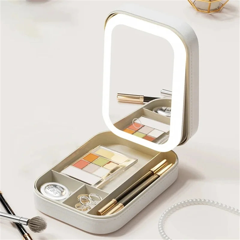 LED Mirror Travel Makeup Box with Large Storage & PU Waterproof Finish