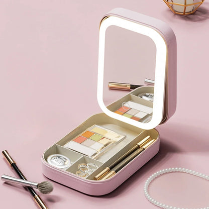 LED Mirror Travel Makeup Box with Large Storage & PU Waterproof Finish