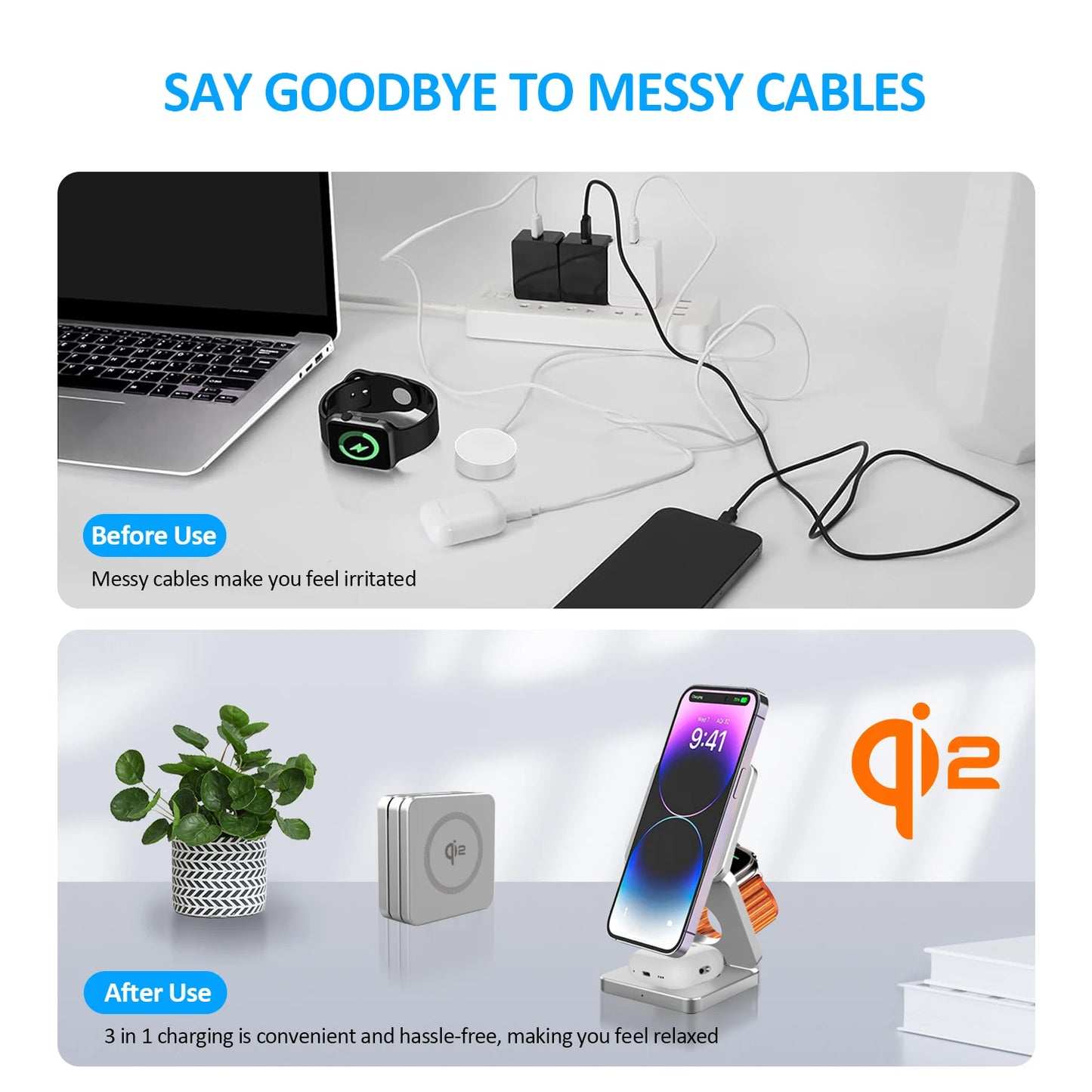3-in-1 Magnetic Foldable Wireless Charger – 15W Fast Charge for iPhone, Watch & AirPods