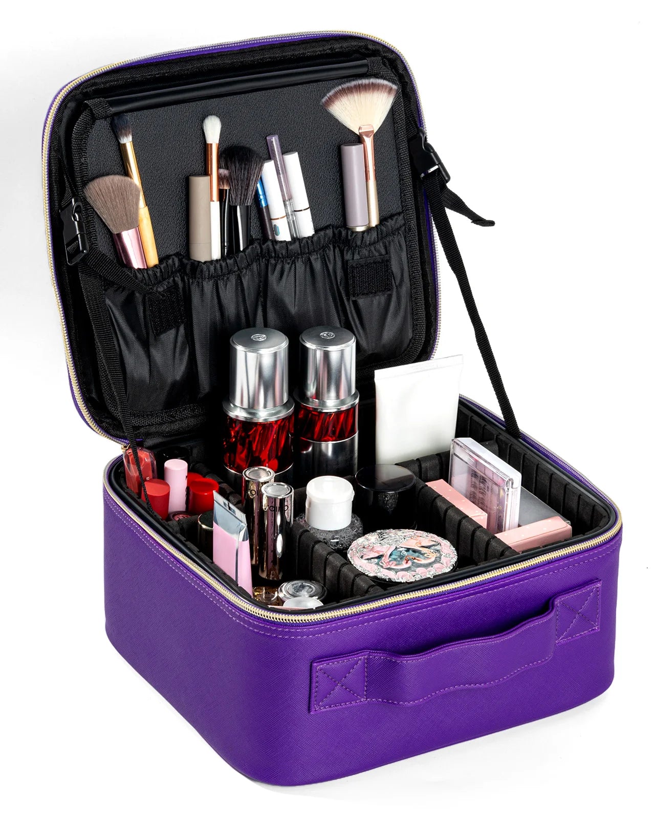 Lighted Travel Makeup Bag with Mirror & Brush Organizer