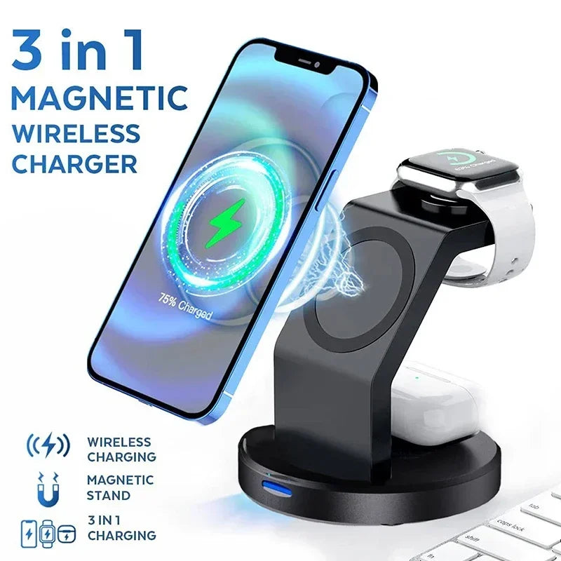 3-in-1 Magnetic Wireless Charger Dock for iPhone, Apple Watch & AirPods