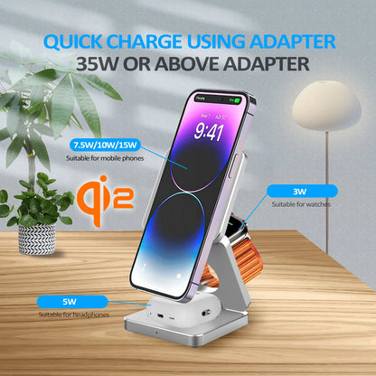 3-in-1 Magnetic Foldable Wireless Charger – 15W Fast Charge for iPhone, Watch & AirPods
