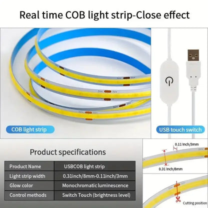 COB USB LED Light Strip with Touch Dimmer – Flexible Glow