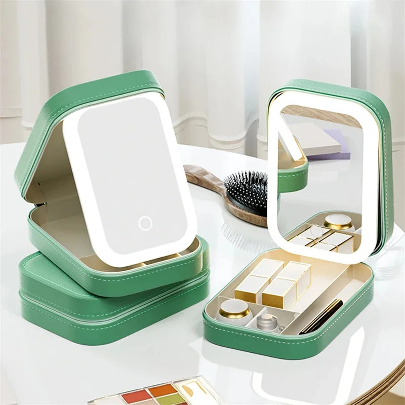 LED Mirror Travel Makeup Box with Large Storage & PU Waterproof Finish