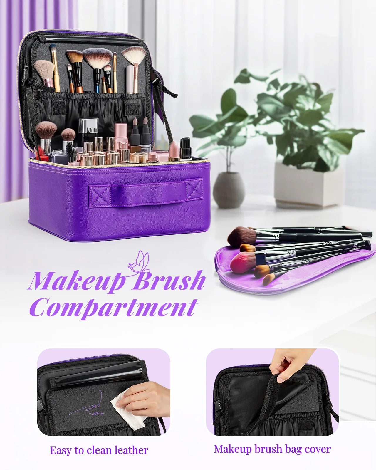 Lighted Travel Makeup Bag with Mirror & Brush Organizer