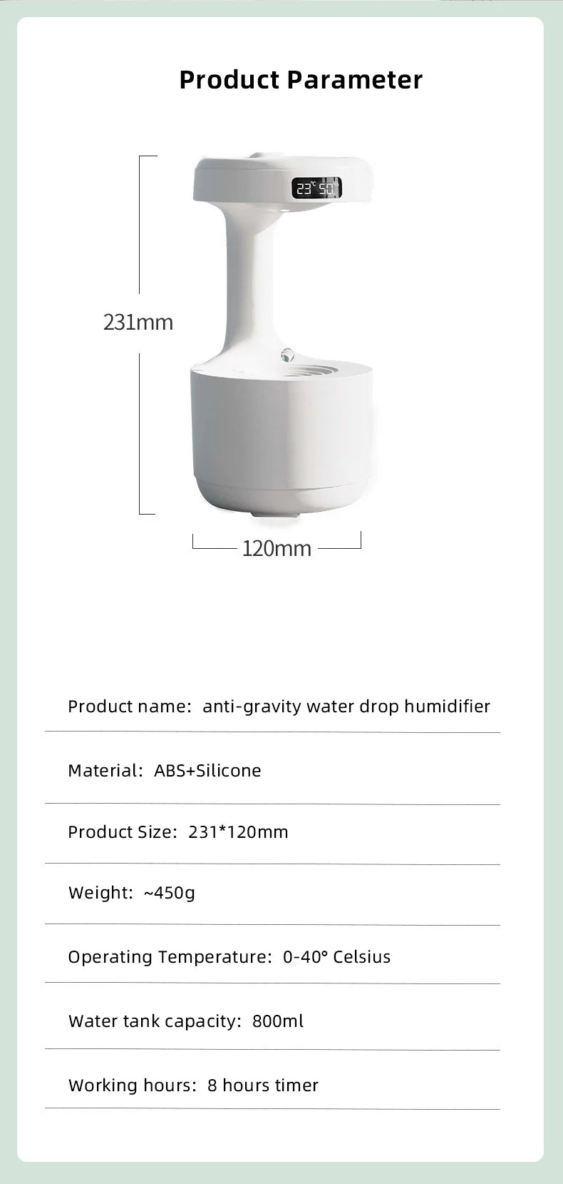 Anti-Gravity Water Drop Humidifier with Time Display