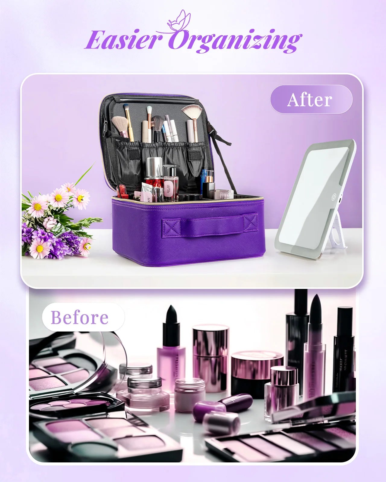 Lighted Travel Makeup Bag with Mirror & Brush Organizer