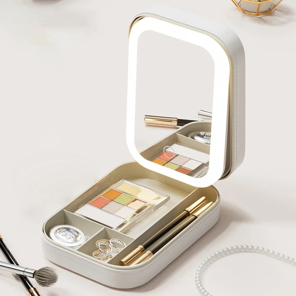 LED Mirror Travel Makeup Box with Large Storage & PU Waterproof Finish