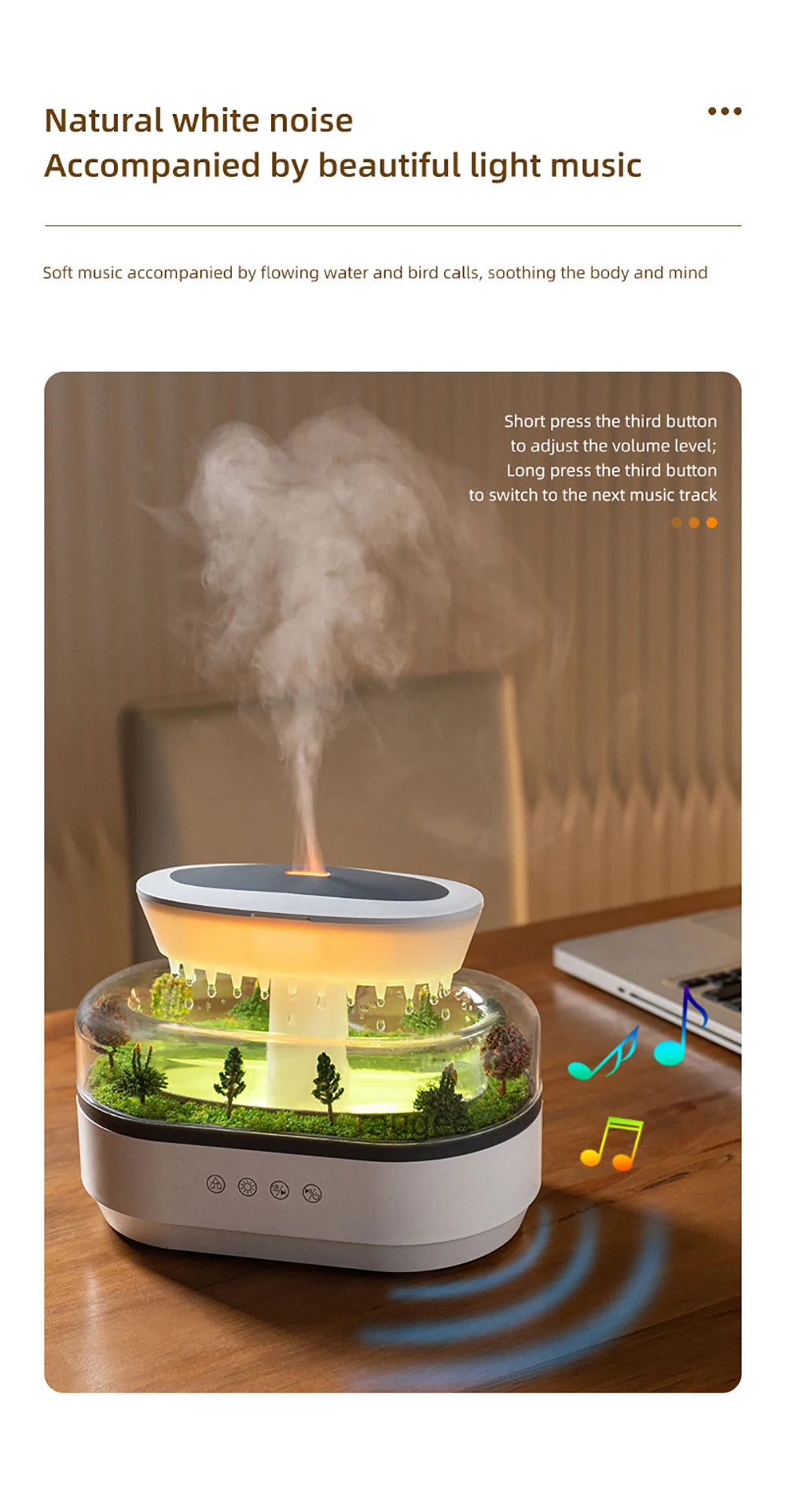 Raindrop Aroma Diffuser Humidifier with Colorful Light, White Noise & Ultrasonic Mist for Home Relaxation