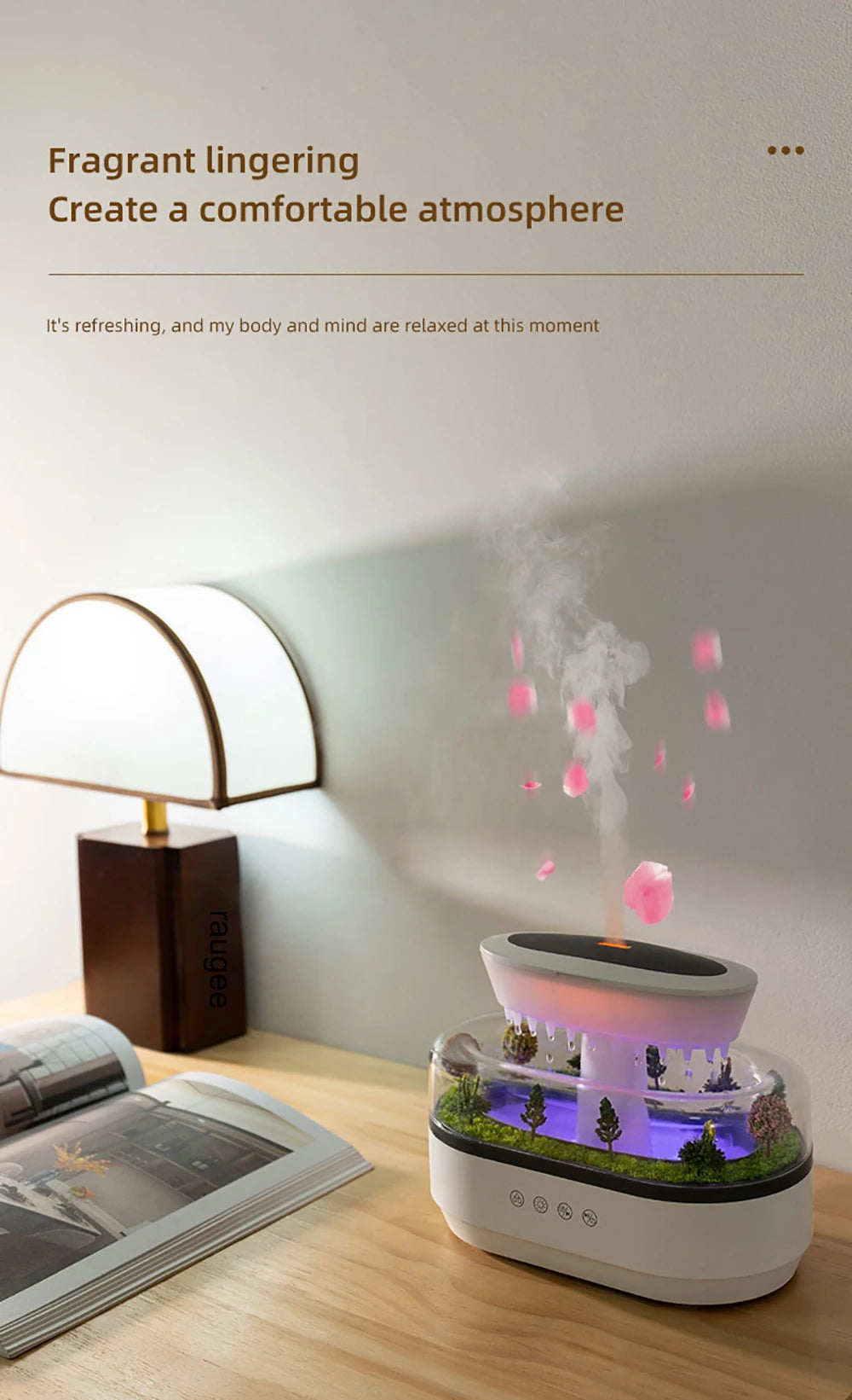 Raindrop Aroma Diffuser Humidifier with Colorful Light, White Noise & Ultrasonic Mist for Home Relaxation