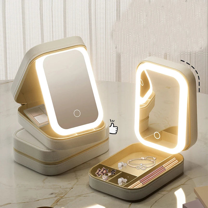 LED Mirror Travel Makeup Box with Large Storage & PU Waterproof Finish