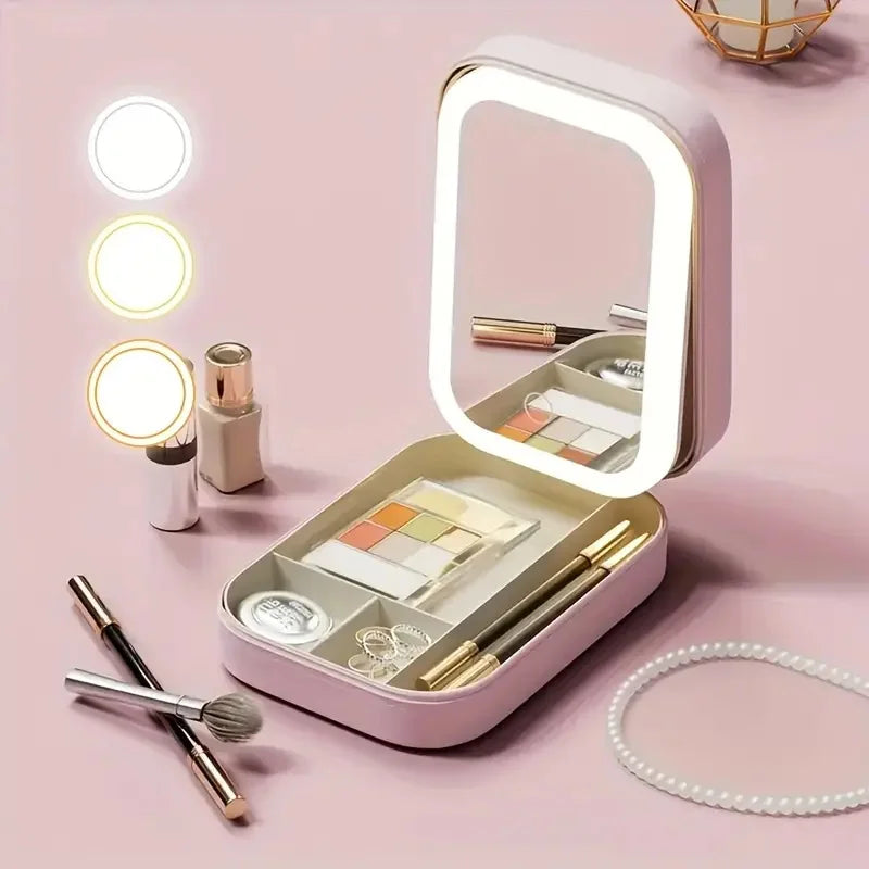 LED Mirror Travel Makeup Box with Large Storage & PU Waterproof Finish