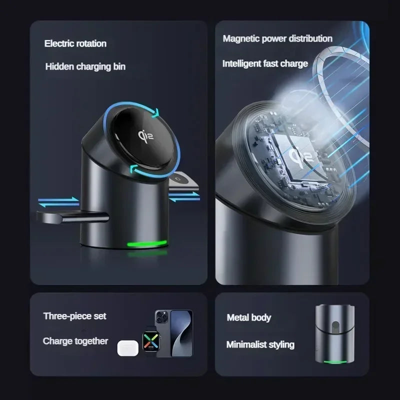 3-in-1 Magnetic Wireless Charging Dock – Fast Charge for iPhone, Android, Apple Watch & AirPods