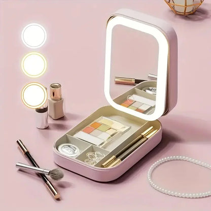 LED Mirror Travel Makeup Box with Large Storage & PU Waterproof Finish