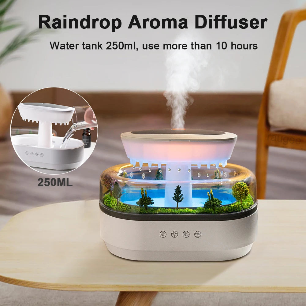 Raindrop Aroma Diffuser Humidifier with Colorful Light, White Noise & Ultrasonic Mist for Home Relaxation